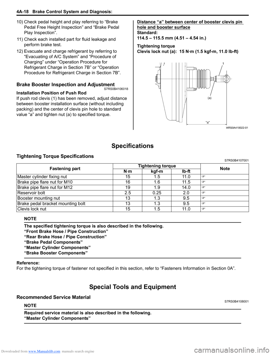 SUZUKI SWIFT 2004 2.G Service Workshop Manual Downloaded from www.Manualslib.com manuals search engine 4A-18 Brake Control System and Diagnosis:
10) Check pedal height and play referring to “Brake Pedal Free Height Inspection” and “Brake P SUZUKI SWIFT 2004 2.G Service Workshop Manual Downloaded from www.Manualslib.com manuals search engine 4A-18 Brake Control System and Diagnosis:
10) Check pedal height and play referring to “Brake Pedal Free Height Inspection” and “Brake P