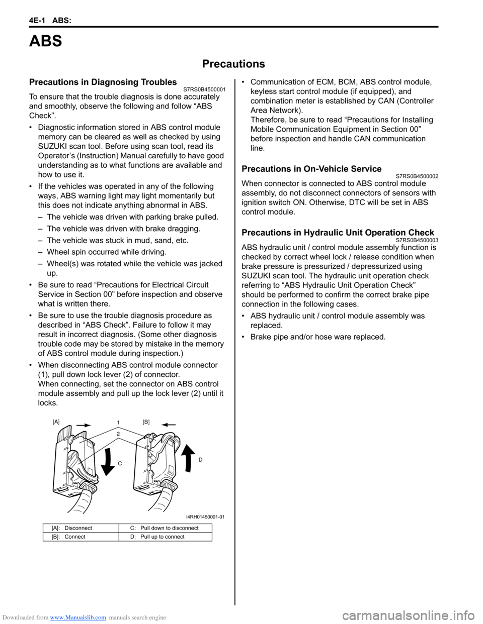 SUZUKI SWIFT 2007 2.G Service Workshop Manual Downloaded from www.Manualslib.com manuals search engine 4E-1 ABS: 
Brakes
ABS
Precautions
Precautions in Diagnosing TroublesS7RS0B4500001
To ensure that the trouble diagnosis is done accurately 
and 