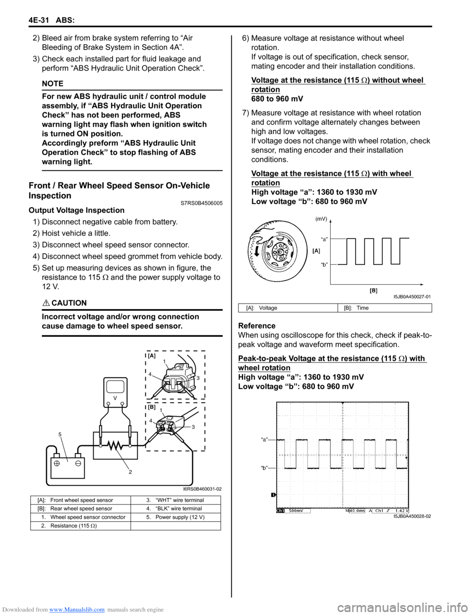 SUZUKI SWIFT 2008 2.G Service Workshop Manual Downloaded from www.Manualslib.com manuals search engine 4E-31 ABS: 
2) Bleed air from brake system referring to “Air Bleeding of Brake System in Section 4A”.
3) Check each installed part for flui