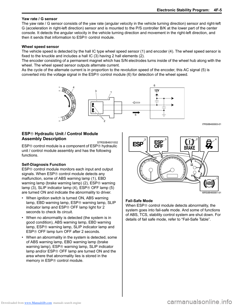SUZUKI SWIFT 2008 2.G Service Workshop Manual Downloaded from www.Manualslib.com manuals search engine Electronic Stability Program:  4F-5
Yaw rate / G sensor
The yaw rate / G sensor consists of the yaw rate (angular velocity in the vehicle turni