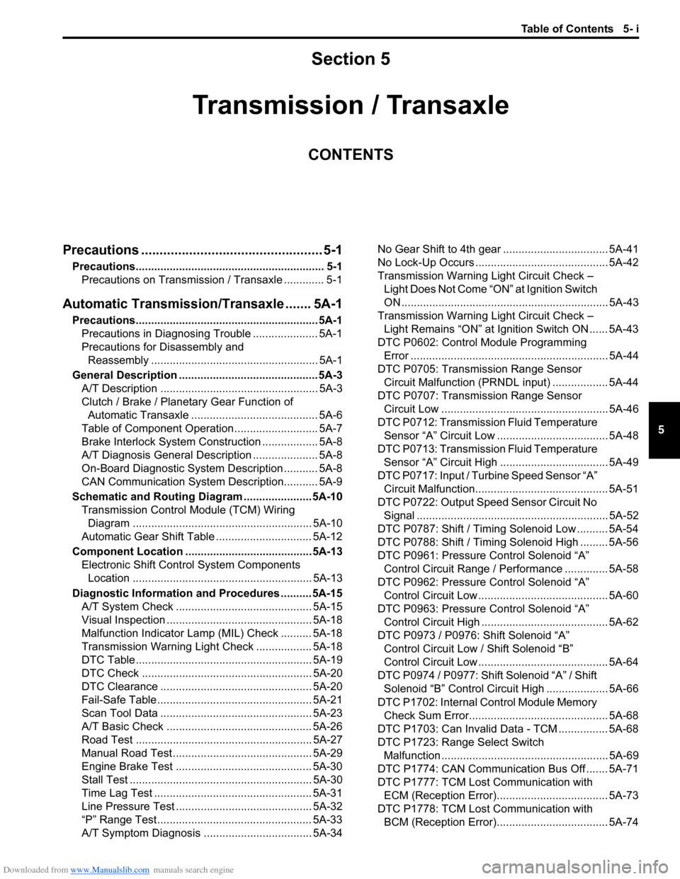 SUZUKI SWIFT 2007 2.G Service Workshop Manual Downloaded from www.Manualslib.com manuals search engine Table of Contents 5- i
5
Section 5
CONTENTS
Transmission / Transaxle
Precautions ................................................. 5-1
Precauti