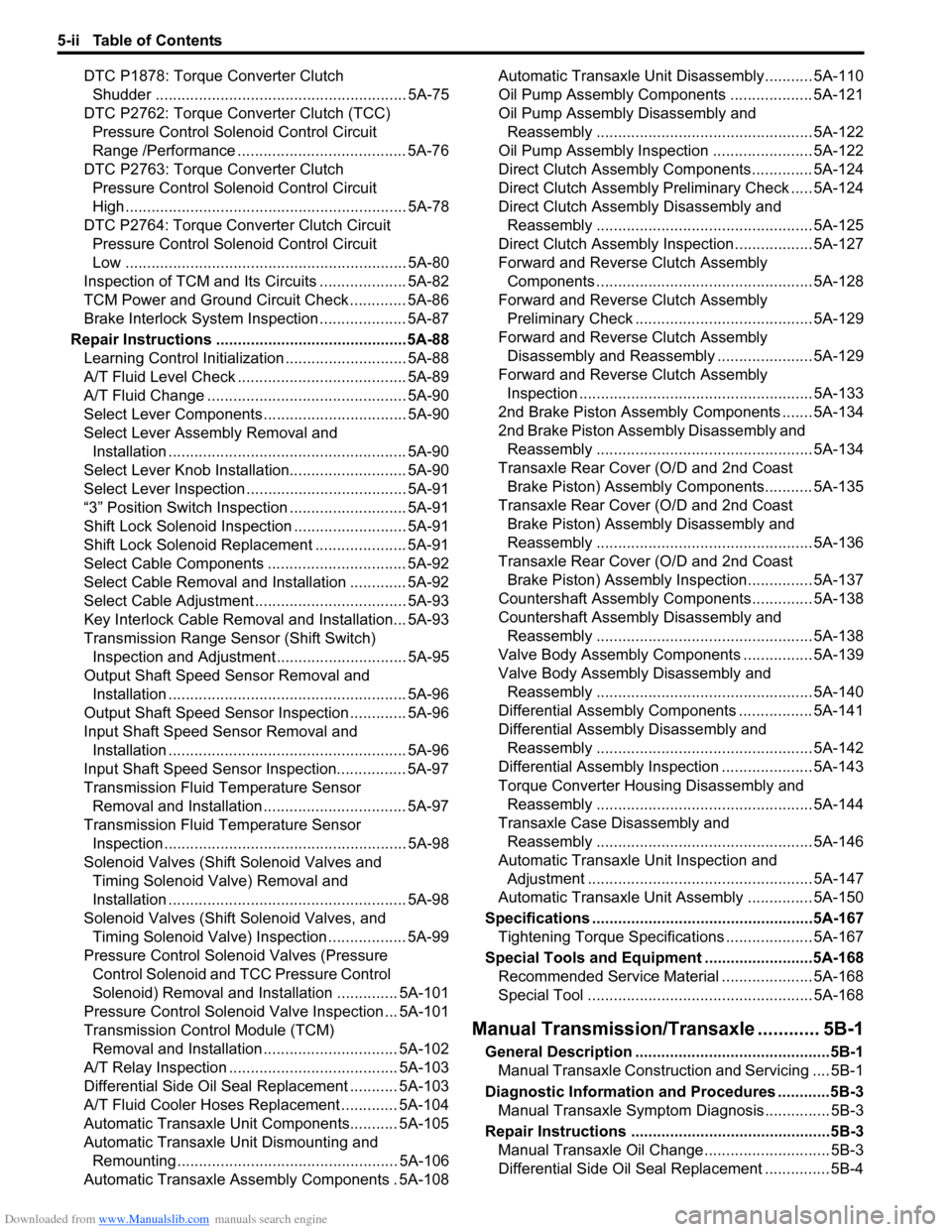 SUZUKI SWIFT 2007 2.G Service Workshop Manual Downloaded from www.Manualslib.com manuals search engine 5-ii Table of Contents
DTC P1878: Torque Converter Clutch Shudder .......................................................... 5A-75
DTC P2762: T