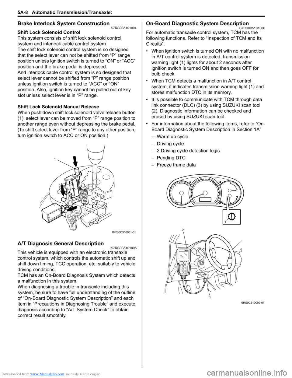 SUZUKI SWIFT 2007 2.G Service Workshop Manual Downloaded from www.Manualslib.com manuals search engine 5A-8 Automatic Transmission/Transaxle: 
Brake Interlock System ConstructionS7RS0B5101004
Shift Lock Solenoid Control
This system consists of sh