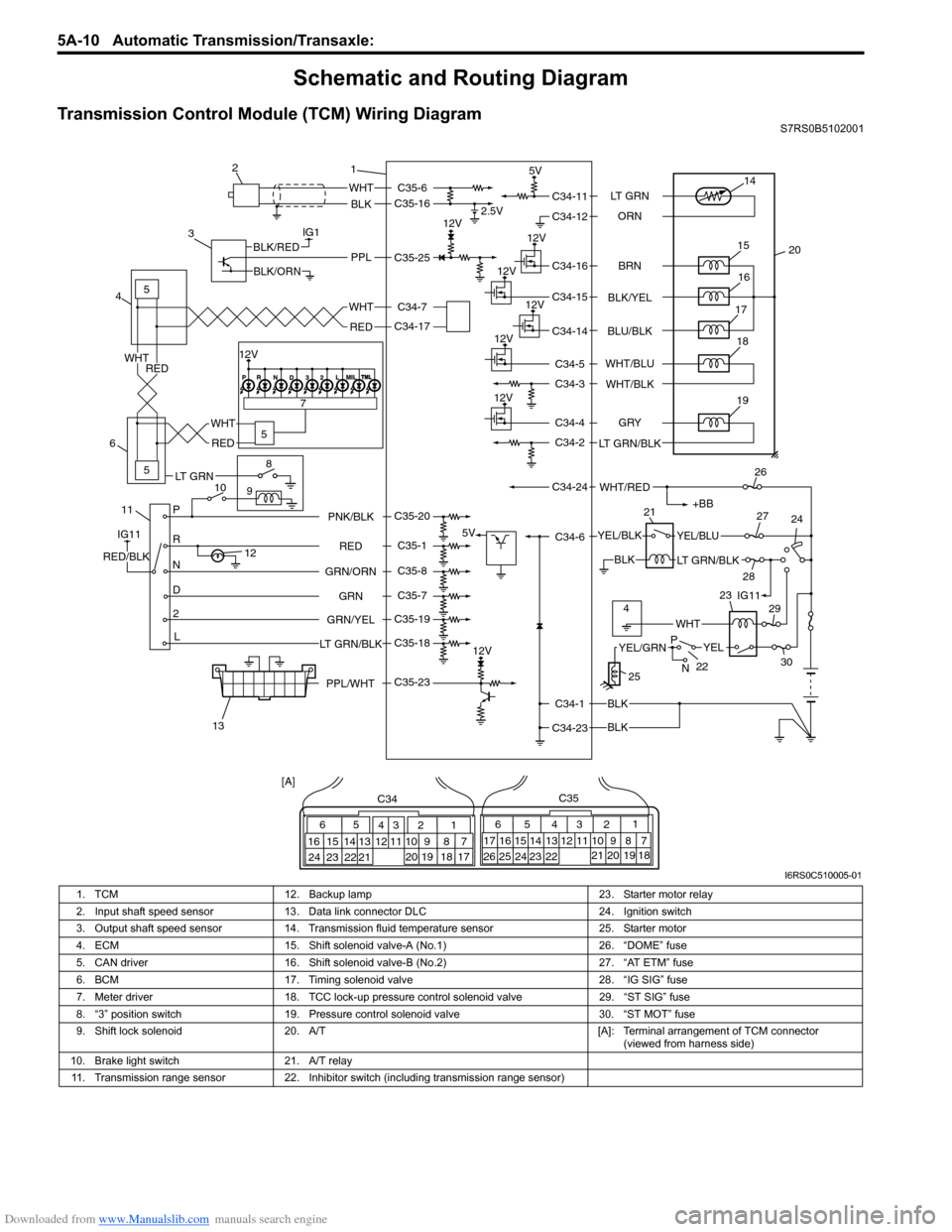 SUZUKI SWIFT 2007 2.G Service Workshop Manual Downloaded from www.Manualslib.com manuals search engine 5A-10 Automatic Transmission/Transaxle: 
Schematic and Routing Diagram
Transmission Control Module (TCM) Wiring DiagramS7RS0B5102001
IG1
115
5
