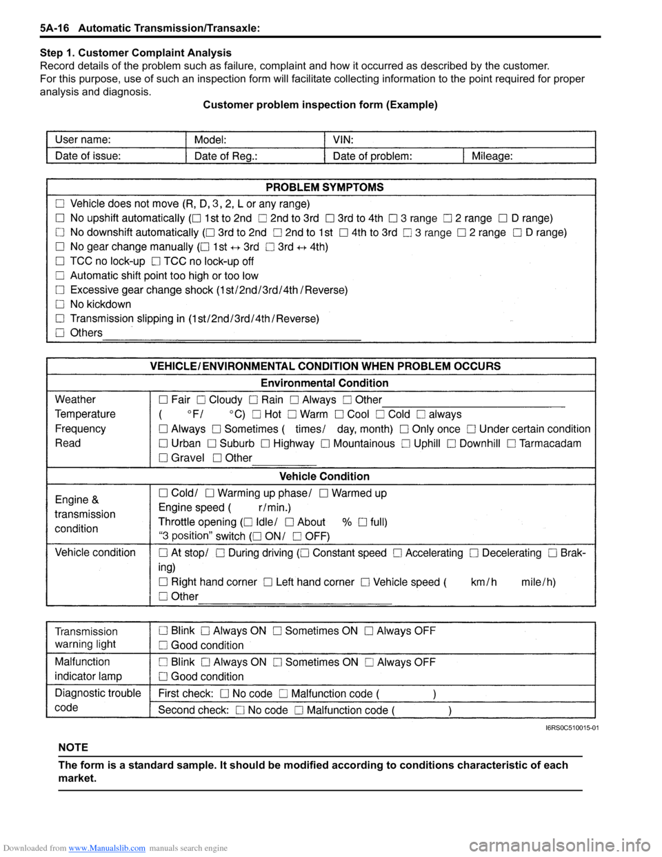 SUZUKI SWIFT 2007 2.G Service Workshop Manual Downloaded from www.Manualslib.com manuals search engine 5A-16 Automatic Transmission/Transaxle: 
Step 1. Customer Complaint Analysis
Record details of the problem such  as failure, complaint and how 