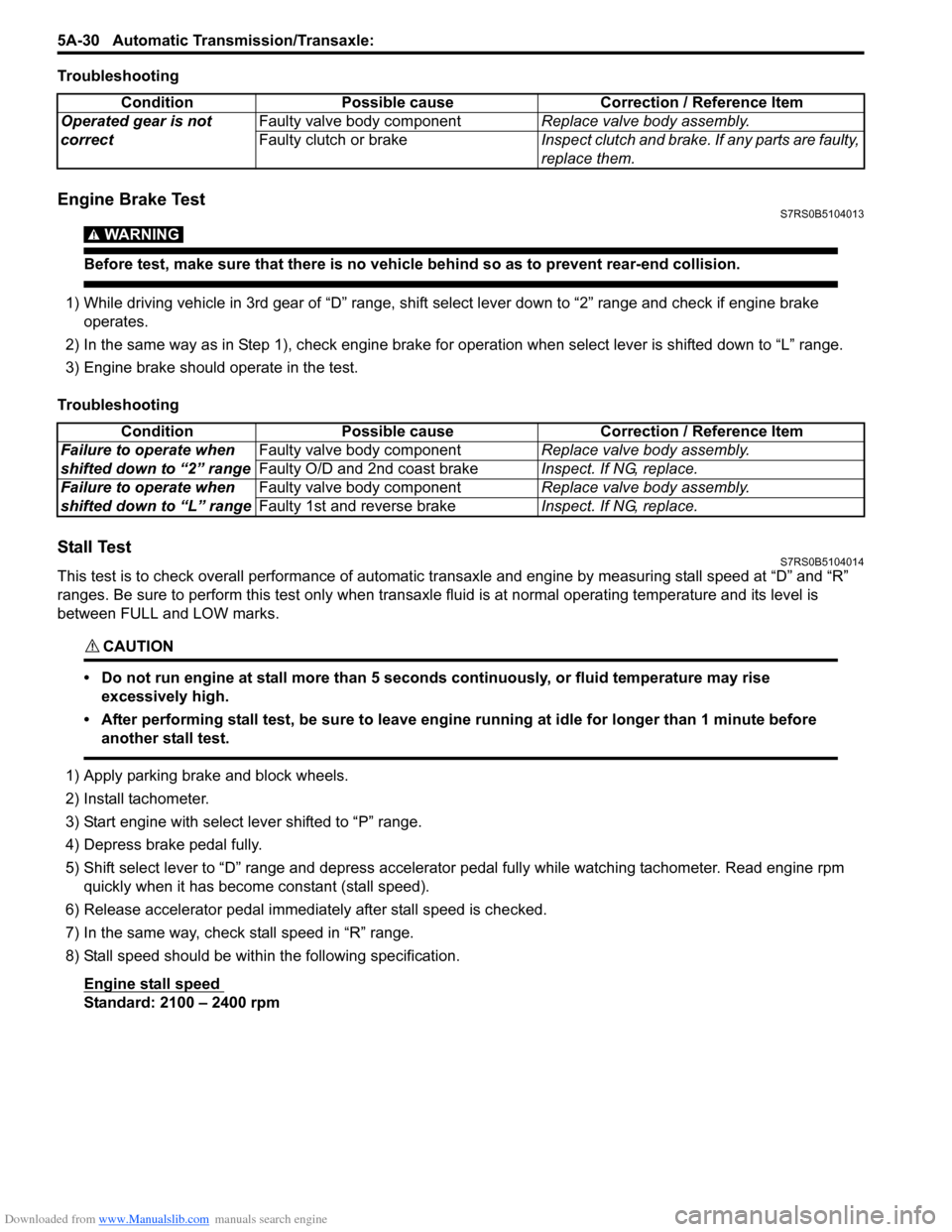 SUZUKI SWIFT 2007 2.G Service Workshop Manual Downloaded from www.Manualslib.com manuals search engine 5A-30 Automatic Transmission/Transaxle: 
Troubleshooting
Engine Brake TestS7RS0B5104013
WARNING! 
Before test, make sure that there is no vehic