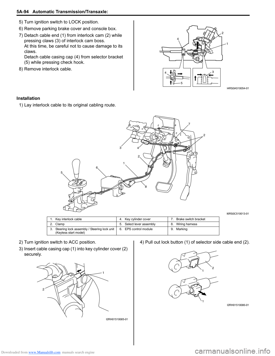 SUZUKI SWIFT 2008 2.G Service Workshop Manual Downloaded from www.Manualslib.com manuals search engine 5A-94 Automatic Transmission/Transaxle: 
5) Turn ignition switch to LOCK position.
6) Remove parking brake cover and console box.
7) Detach cab
