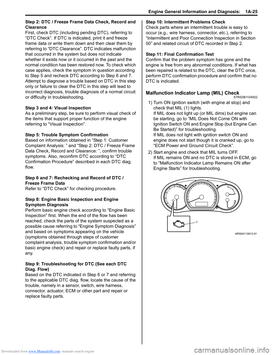 SUZUKI SWIFT 2007 2.G Service Workshop Manual Downloaded from www.Manualslib.com manuals search engine Engine General Information and Diagnosis:  1A-25
Step 2: DTC / Freeze Frame Data Check, Record and 
Clearance
First, check DTC (including pendi