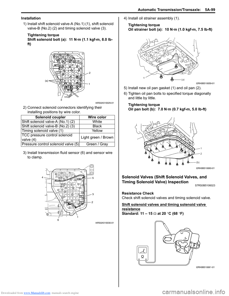 SUZUKI SWIFT 2007 2.G Service Workshop Manual Downloaded from www.Manualslib.com manuals search engine Automatic Transmission/Transaxle:  5A-99
Installation1) Install shift solenoid valve- A (No.1) (1), shift solenoid 
valve-B (No.2) (2) and timi