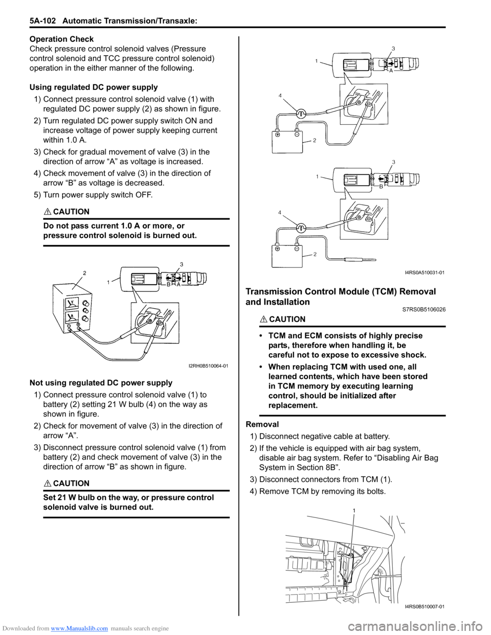 SUZUKI SWIFT 2008 2.G Service Workshop Manual Downloaded from www.Manualslib.com manuals search engine 5A-102 Automatic Transmission/Transaxle: 
Operation Check
Check pressure control solenoid valves (Pressure 
control solenoid and TCC pressure c