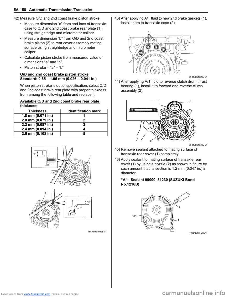 SUZUKI SWIFT 2007 2.G Service Workshop Manual Downloaded from www.Manualslib.com manuals search engine 5A-158 Automatic Transmission/Transaxle: 
42) Measure O/D and 2nd coast brake piston stroke.• Measure dimension “a” from end face of tran