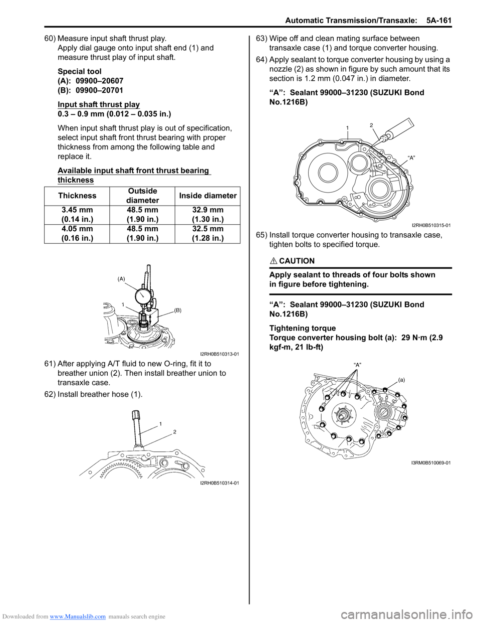 SUZUKI SWIFT 2007 2.G Service Workshop Manual Downloaded from www.Manualslib.com manuals search engine Automatic Transmission/Transaxle:  5A-161
60) Measure input shaft thrust play.Apply dial gauge onto input shaft end (1) and 
measure thrust pla