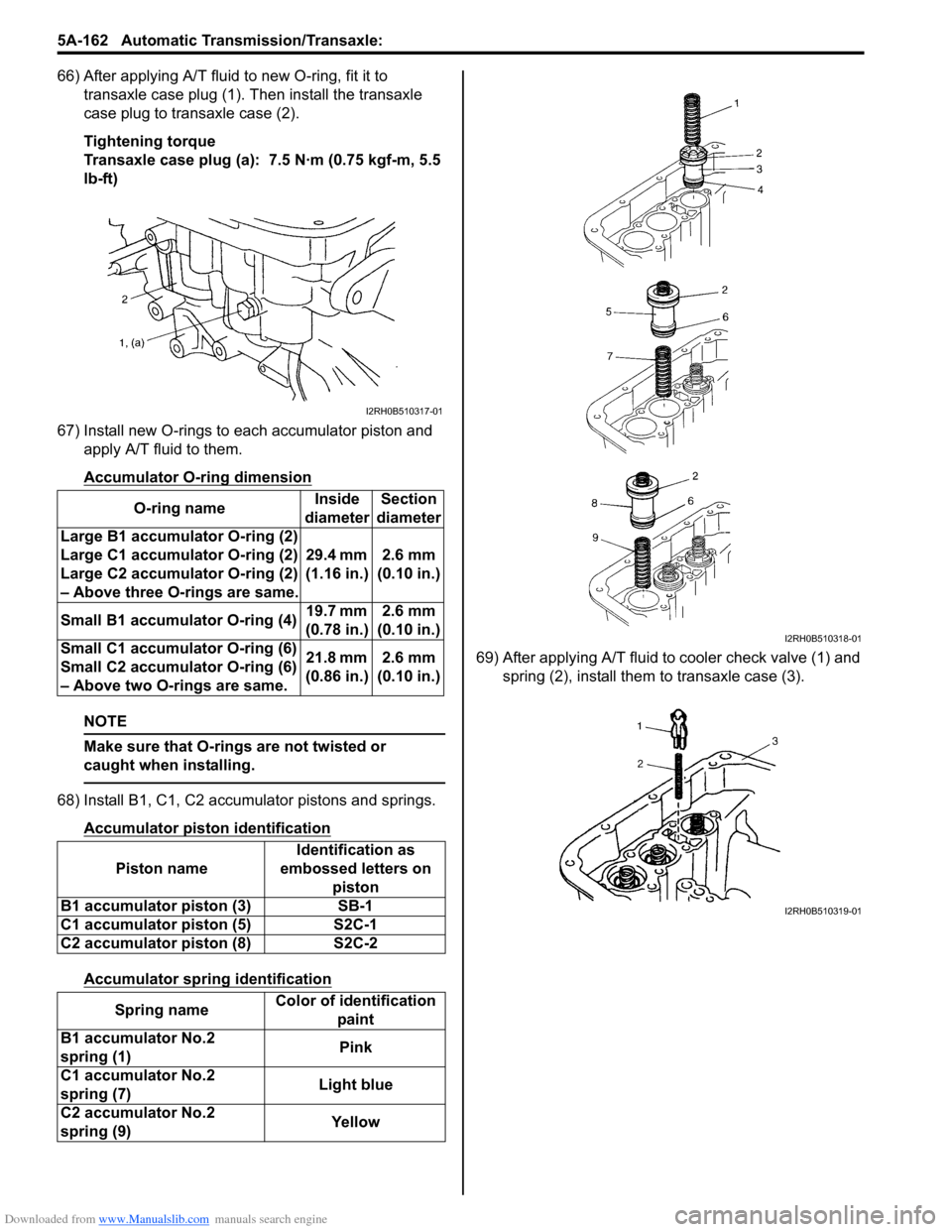 SUZUKI SWIFT 2007 2.G Service Workshop Manual Downloaded from www.Manualslib.com manuals search engine 5A-162 Automatic Transmission/Transaxle: 
66) After applying A/T fluid to new O-ring, fit it to transaxle case plug (1).  Then install the tran