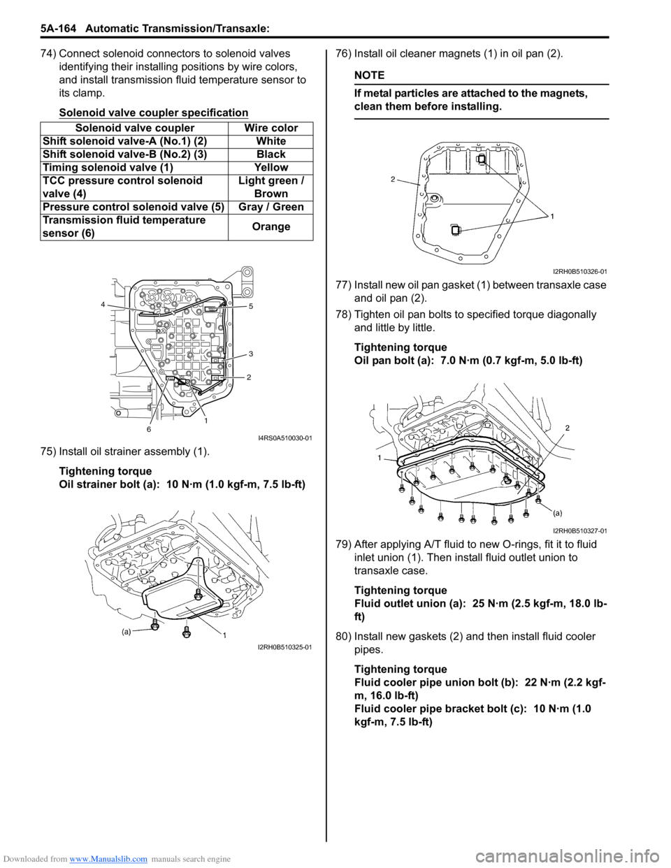 SUZUKI SWIFT 2007 2.G Service Workshop Manual Downloaded from www.Manualslib.com manuals search engine 5A-164 Automatic Transmission/Transaxle: 
74) Connect solenoid connectors to solenoid valves identifying their installing  positions by wire co
