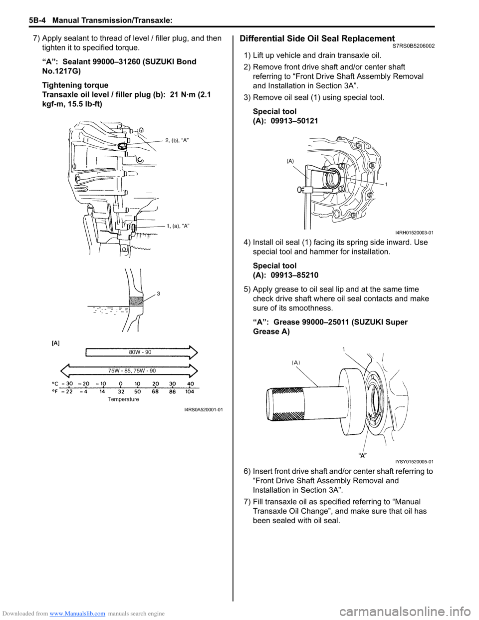 SUZUKI SWIFT 2004 2.G Service Workshop Manual Downloaded from www.Manualslib.com manuals search engine 5B-4 Manual Transmission/Transaxle:
7) Apply sealant to thread of level / filler plug, and then
tighten it to specified torque.
“A”: Sea SUZUKI SWIFT 2004 2.G Service Workshop Manual Downloaded from www.Manualslib.com manuals search engine 5B-4 Manual Transmission/Transaxle:
7) Apply sealant to thread of level / filler plug, and then
tighten it to specified torque.
“A”: Sea