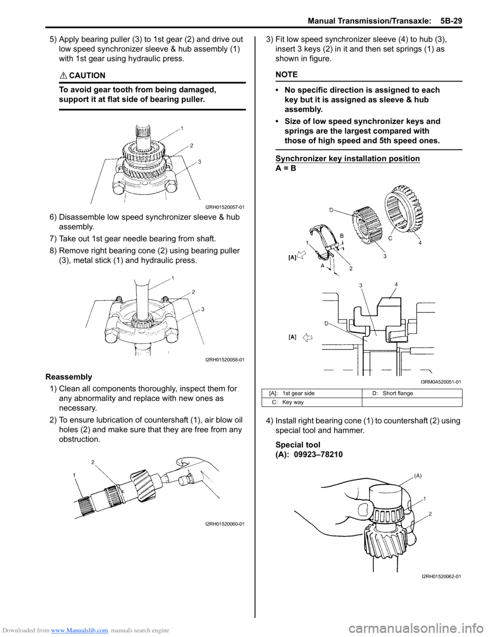 SUZUKI SWIFT 2008 2.G Service Workshop Manual Downloaded from www.Manualslib.com manuals search engine Manual Transmission/Transaxle:  5B-29
5) Apply bearing puller (3) to 1st gear (2) and drive out low speed synchronizer sleeve & hub assembly (1