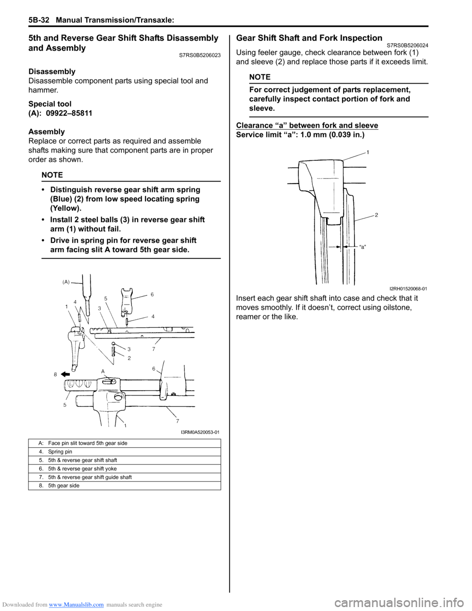 SUZUKI SWIFT 2008 2.G Service Workshop Manual Downloaded from www.Manualslib.com manuals search engine 5B-32 Manual Transmission/Transaxle: 
5th and Reverse Gear Shift Shafts Disassembly 
and Assembly
S7RS0B5206023
Disassembly
Disassemble compone