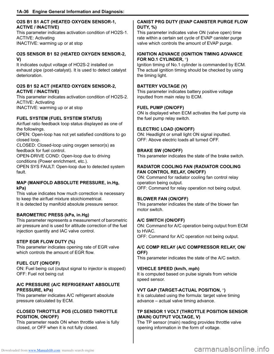 SUZUKI SWIFT 2007 2.G Service Workshop Manual Downloaded from www.Manualslib.com manuals search engine 1A-36 Engine General Information and Diagnosis: 
O2S B1 S1 ACT (HEATED OXYGEN SENSOR-1, 
ACTIVE / INACTIVE)
This parameter indicates activation