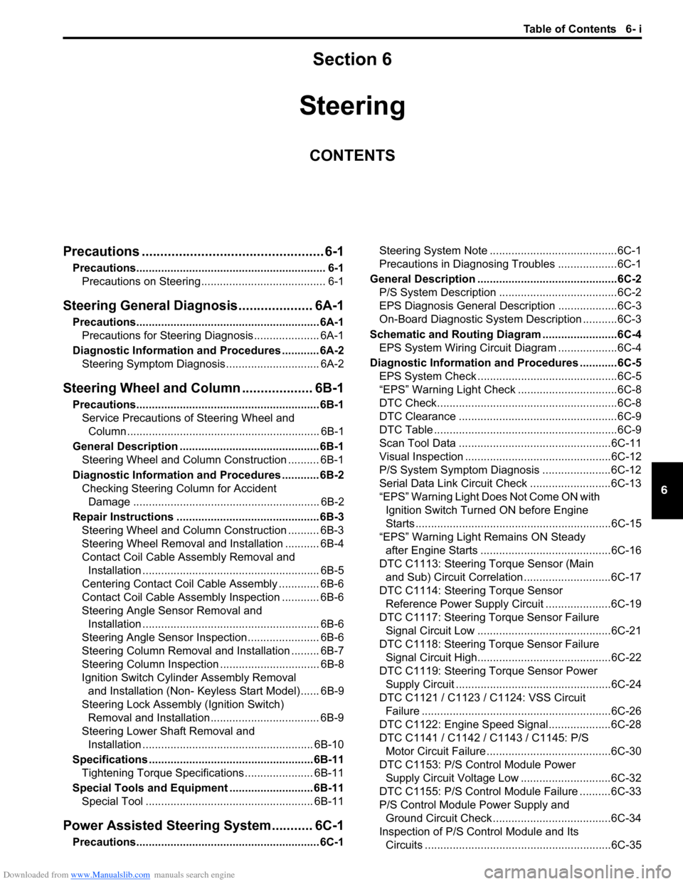 SUZUKI SWIFT 2008 2.G Service Workshop Manual Downloaded from www.Manualslib.com manuals search engine Table of Contents 6- i
6
Section 6
CONTENTS
Steering
Precautions ................................................. 6-1
Precautions.............