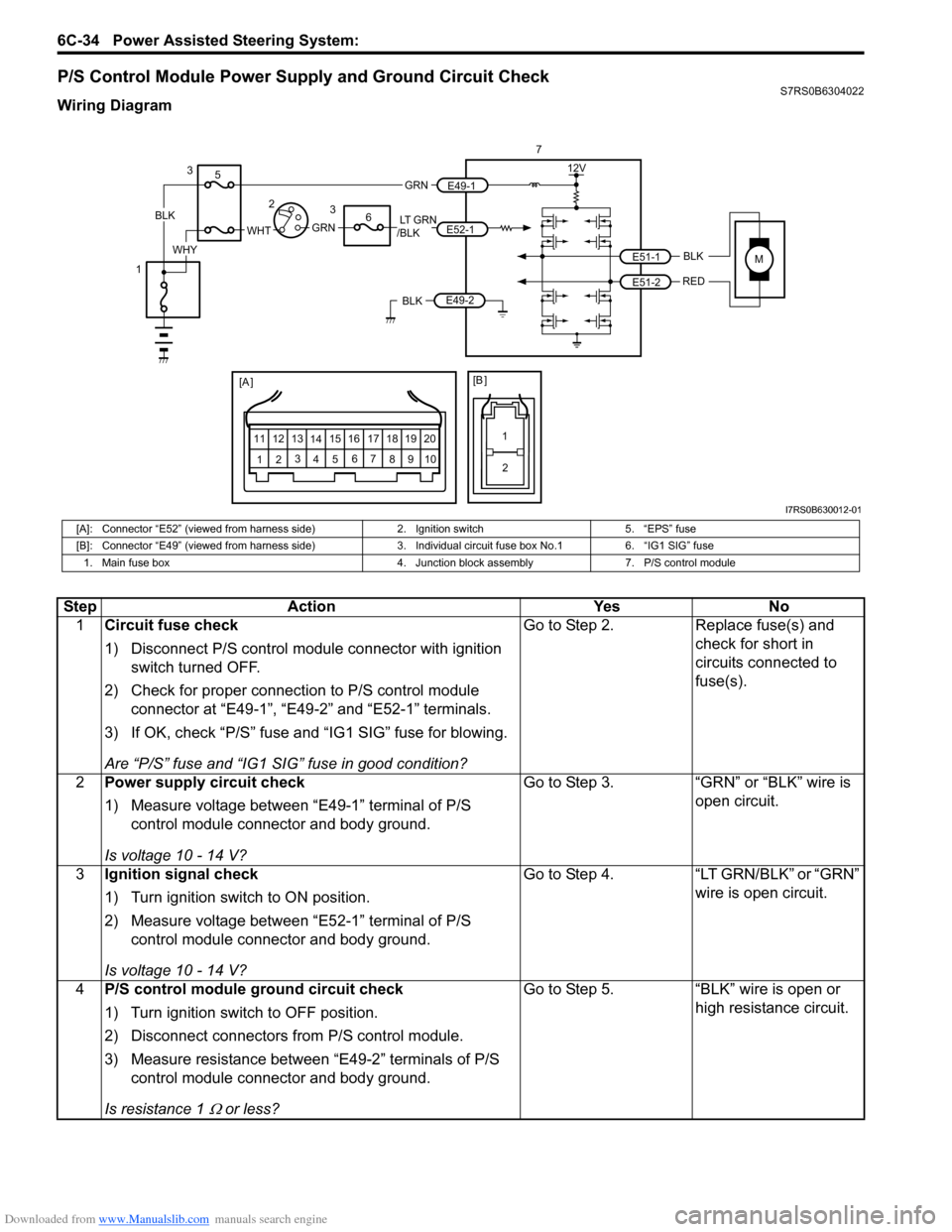 SUZUKI SWIFT 2007 2.G Service Workshop Manual Downloaded from www.Manualslib.com manuals search engine 6C-34 Power Assisted Steering System: 
P/S Control Module Power Supply and Ground Circuit CheckS7RS0B6304022
Wiring Diagram
1
[A ]
123
4 5 67
8