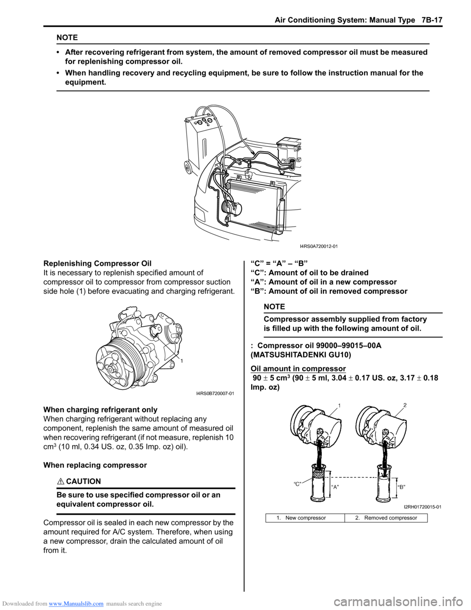 SUZUKI SWIFT 2007 2.G Service Workshop Manual Downloaded from www.Manualslib.com manuals search engine Air Conditioning System: Manual Type 7B-17
NOTE
• After recovering refrigerant from system, the amount of removed compressor oil must be meas