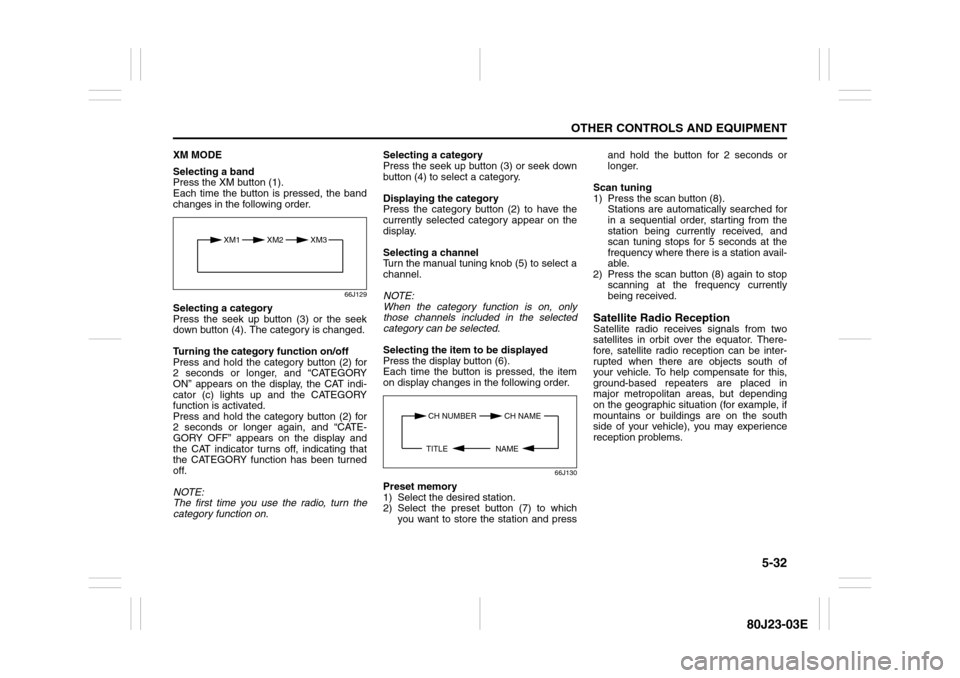 SUZUKI SX4 2010 1.G Owners Manual 5-32
OTHER CONTROLS AND EQUIPMENT
80J23-03E
XM MODE
Selecting a band
Press the XM button (1).
Each time the button is pressed, the band
changes in the following order.
66J129
Selecting a category
Pres SUZUKI SX4 2010 1.G Owners Manual 5-32
OTHER CONTROLS AND EQUIPMENT
80J23-03E
XM MODE
Selecting a band
Press the XM button (1).
Each time the button is pressed, the band
changes in the following order.
66J129
Selecting a category
Pres
