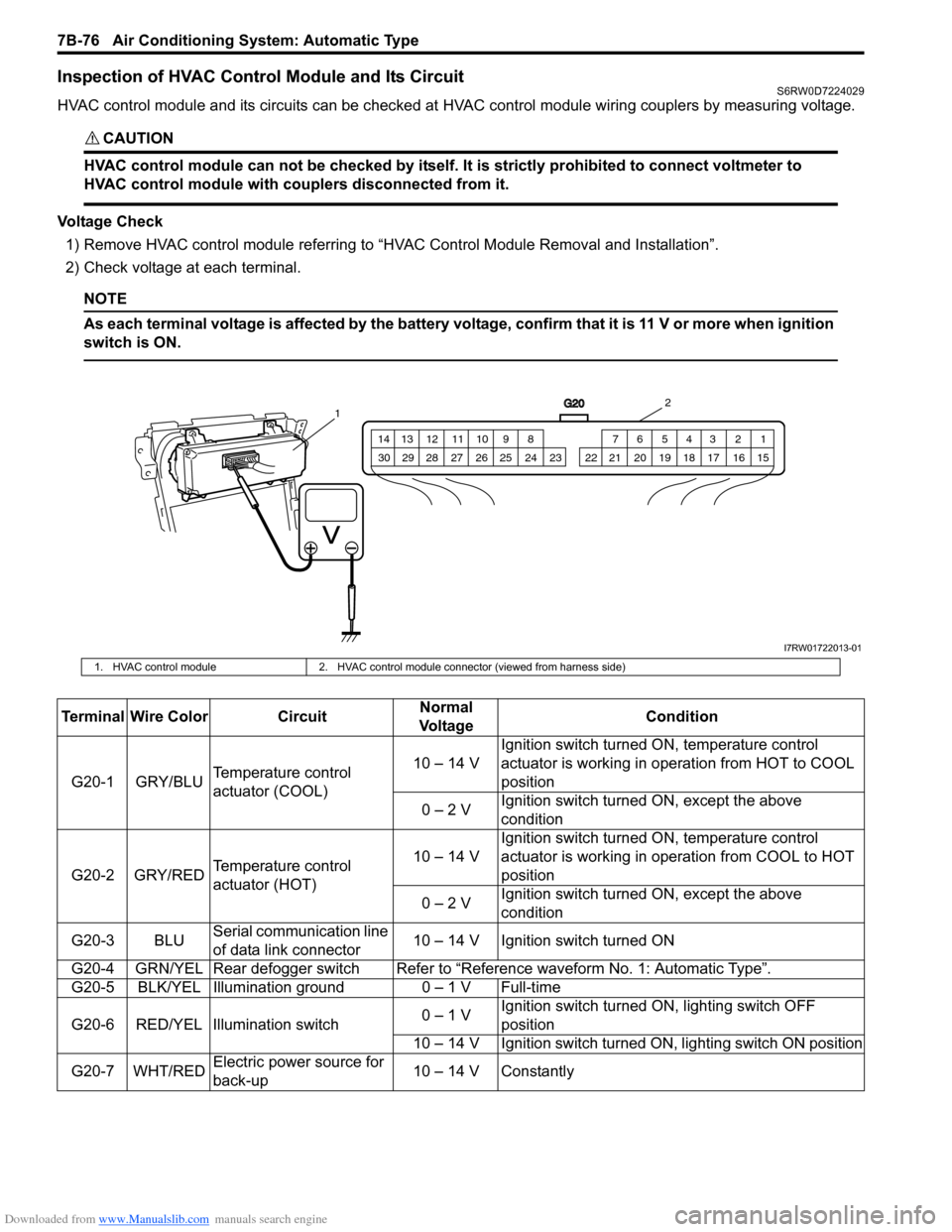 SUZUKI SX4 2006 1.G Service Workshop Manual Downloaded from www.Manualslib.com manuals search engine 7B-76 Air Conditioning System: Automatic Type
Inspection of HVAC Control Module and Its CircuitS6RW0D7224029
HVAC control module and its circui