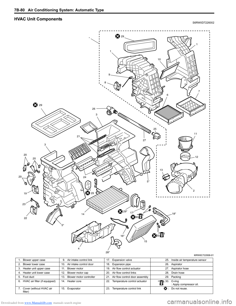 SUZUKI SX4 2006 1.G Service Workshop Manual Downloaded from www.Manualslib.com manuals search engine 7B-80 Air Conditioning System: Automatic Type
HVAC Unit ComponentsS6RW0D7226002
1
10
1
29
9
8
3
29
21
3
20 20
20
19
23
22
5*
4
28*15 16*
30
29*