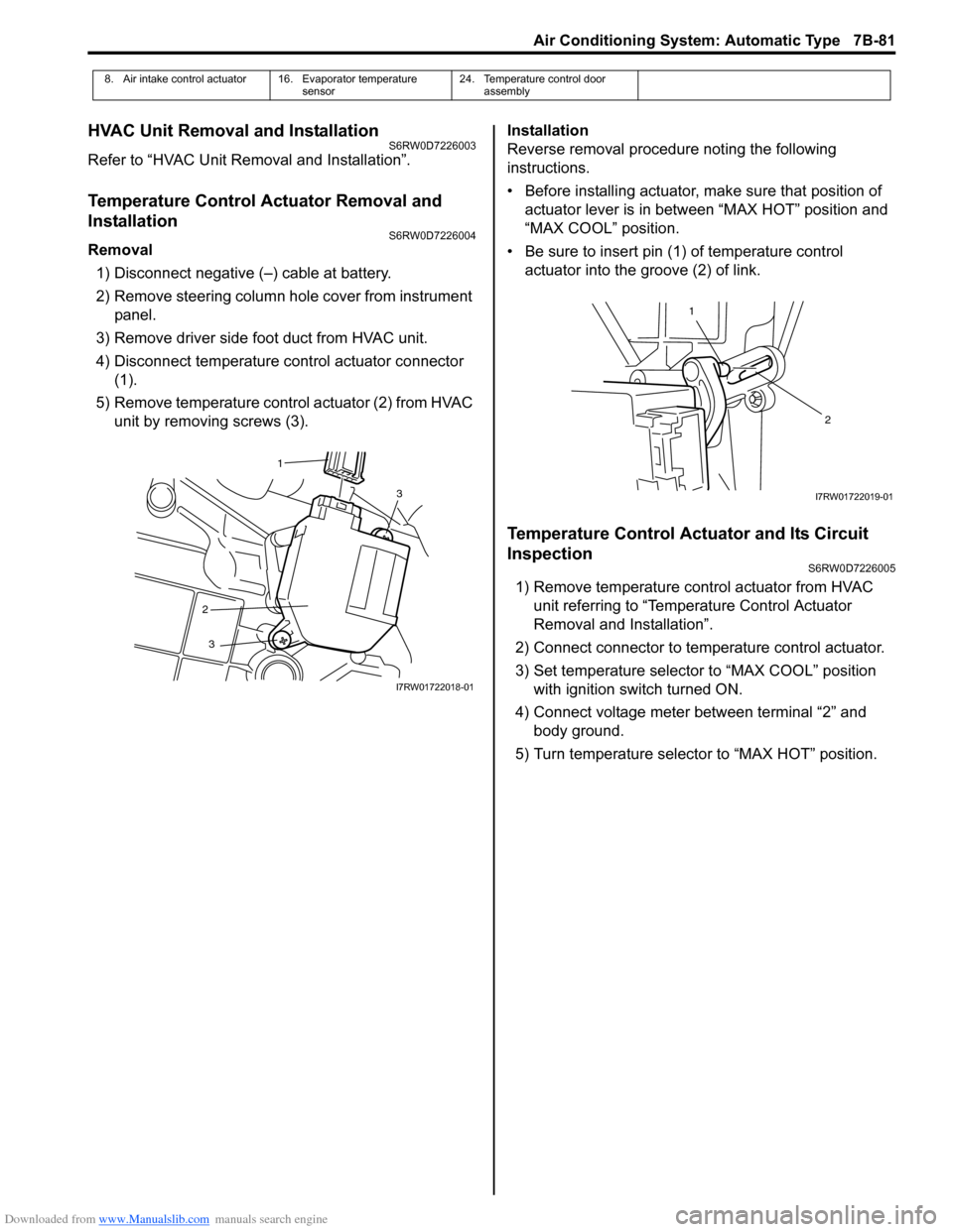 SUZUKI SX4 2006 1.G Service Workshop Manual Downloaded from www.Manualslib.com manuals search engine Air Conditioning System: Automatic Type 7B-81
HVAC Unit Removal and InstallationS6RW0D7226003
Refer to “HVAC Unit Removal and Installation”