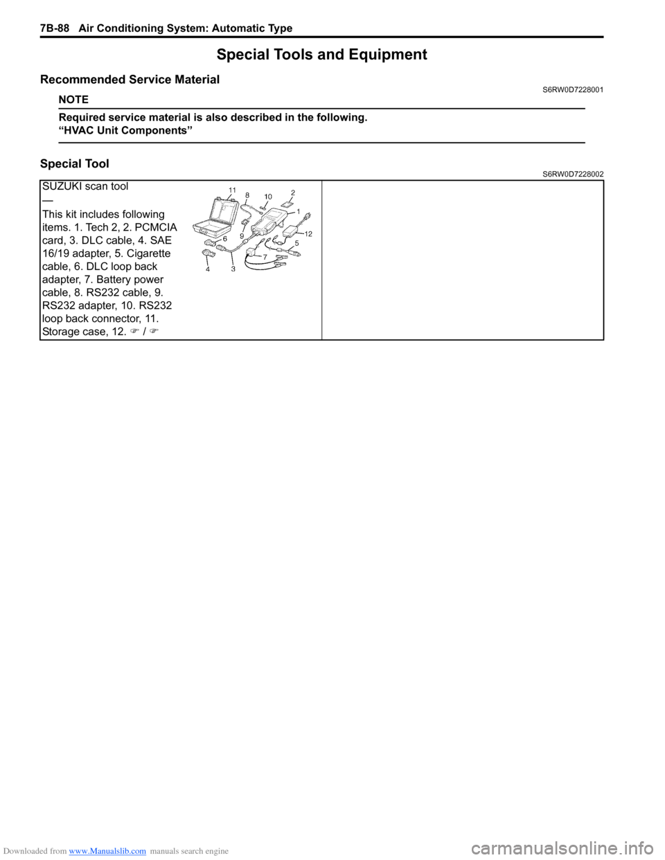 SUZUKI SX4 2006 1.G Service Workshop Manual Downloaded from www.Manualslib.com manuals search engine 7B-88 Air Conditioning System: Automatic Type
Special Tools and Equipment
Recommended Service MaterialS6RW0D7228001
NOTE
Required service mater
