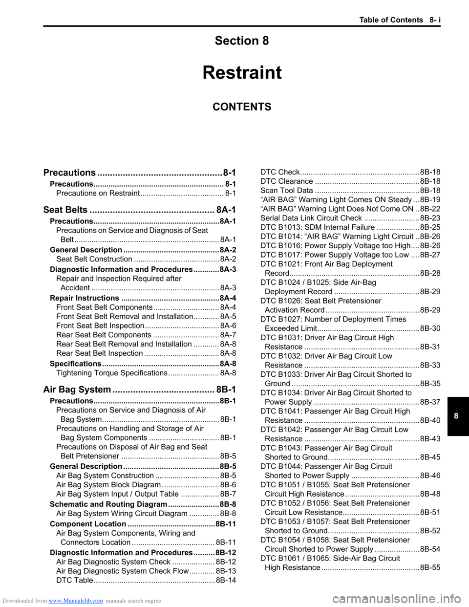 SUZUKI SX4 2006 1.G Service Workshop Manual Downloaded from www.Manualslib.com manuals search engine Table of Contents 8- i
8
Section 8
CONTENTS
Restraint
Precautions ................................................. 8-1
Precautions............