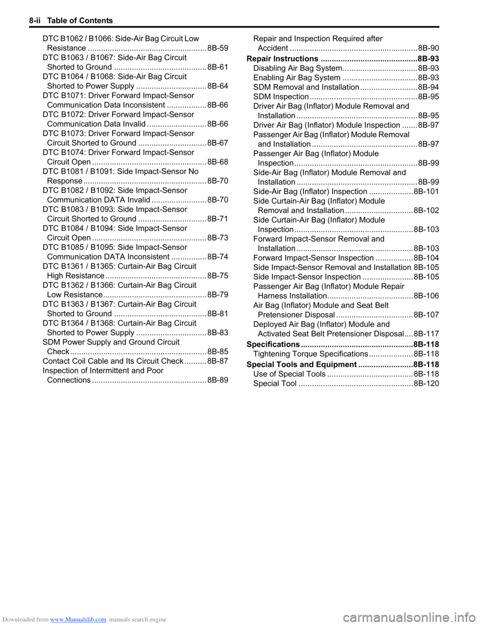 SUZUKI SX4 2006 1.G Service Workshop Manual Downloaded from www.Manualslib.com manuals search engine 8-ii Table of Contents
DTC B1062 / B1066: Side-Air Bag Circuit Low 
Resistance ...................................................... 8B-59
DTC