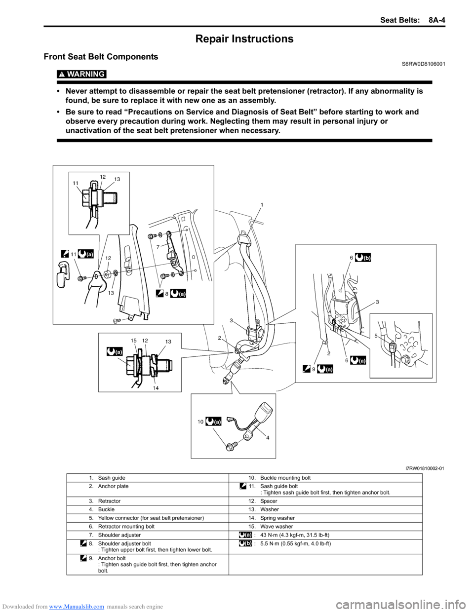 SUZUKI SX4 2006 1.G Service Workshop Manual Downloaded from www.Manualslib.com manuals search engine Seat Belts:  8A-4
Repair Instructions
Front Seat Belt ComponentsS6RW0D8106001
WARNING! 
• Never attempt to disassemble or repair the seat bel