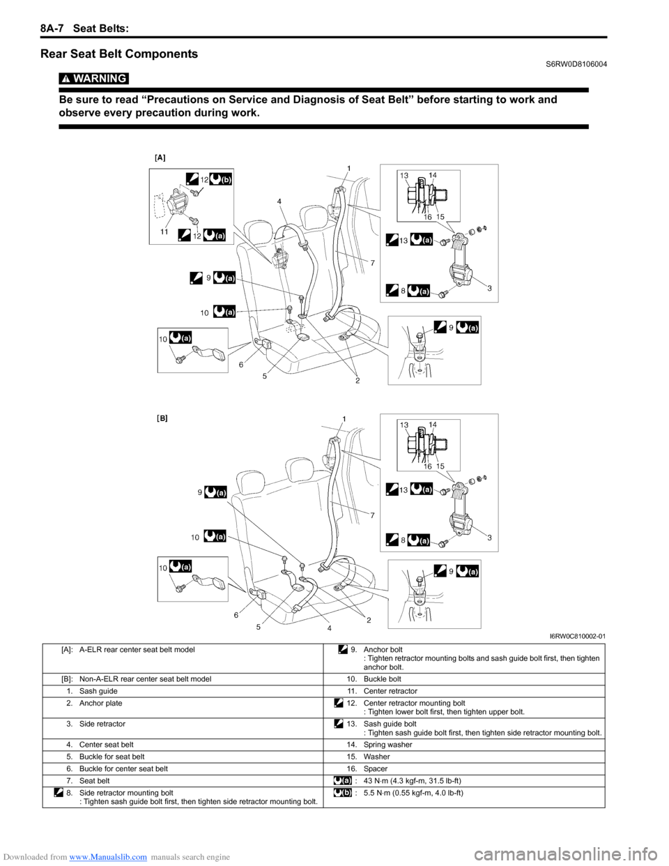 SUZUKI SX4 2006 1.G Service Workshop Manual Downloaded from www.Manualslib.com manuals search engine 8A-7 Seat Belts: 
Rear Seat Belt ComponentsS6RW0D8106004
WARNING! 
Be sure to read “Precautions on Service and Diagnosis of Seat Belt” befo