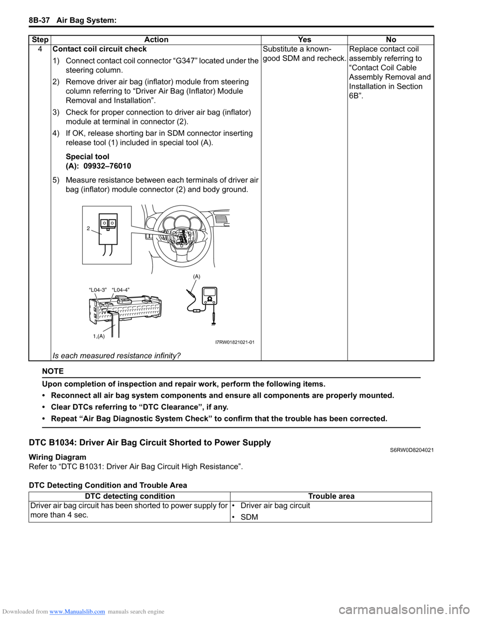 SUZUKI SX4 2006 1.G Service Workshop Manual Downloaded from www.Manualslib.com manuals search engine 8B-37 Air Bag System: 
NOTE
Upon completion of inspection and repair work, perform the following items.
• Reconnect all air bag system compon