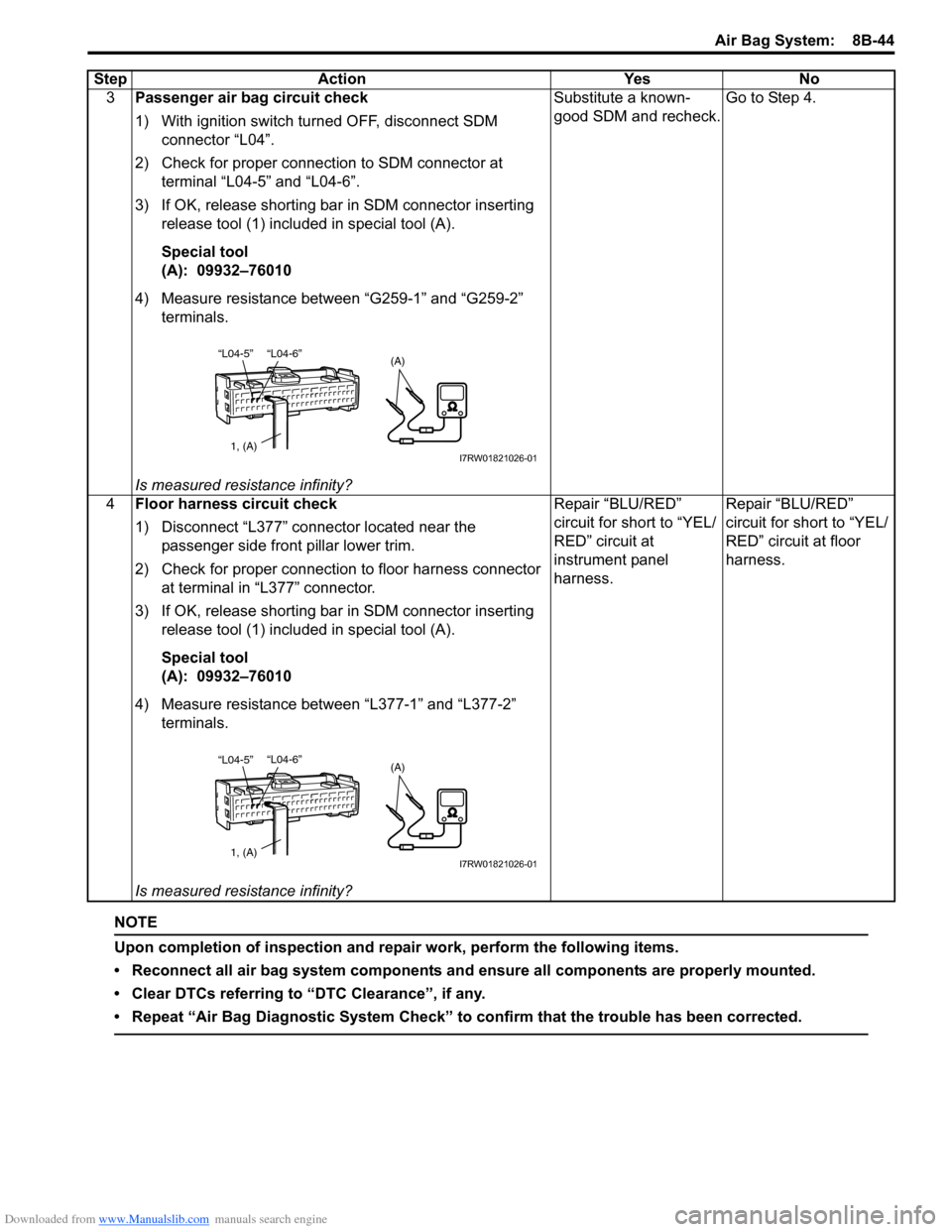 SUZUKI SX4 2006 1.G Service Workshop Manual Downloaded from www.Manualslib.com manuals search engine Air Bag System:  8B-44
NOTE
Upon completion of inspection and repair work, perform the following items.
• Reconnect all air bag system compon