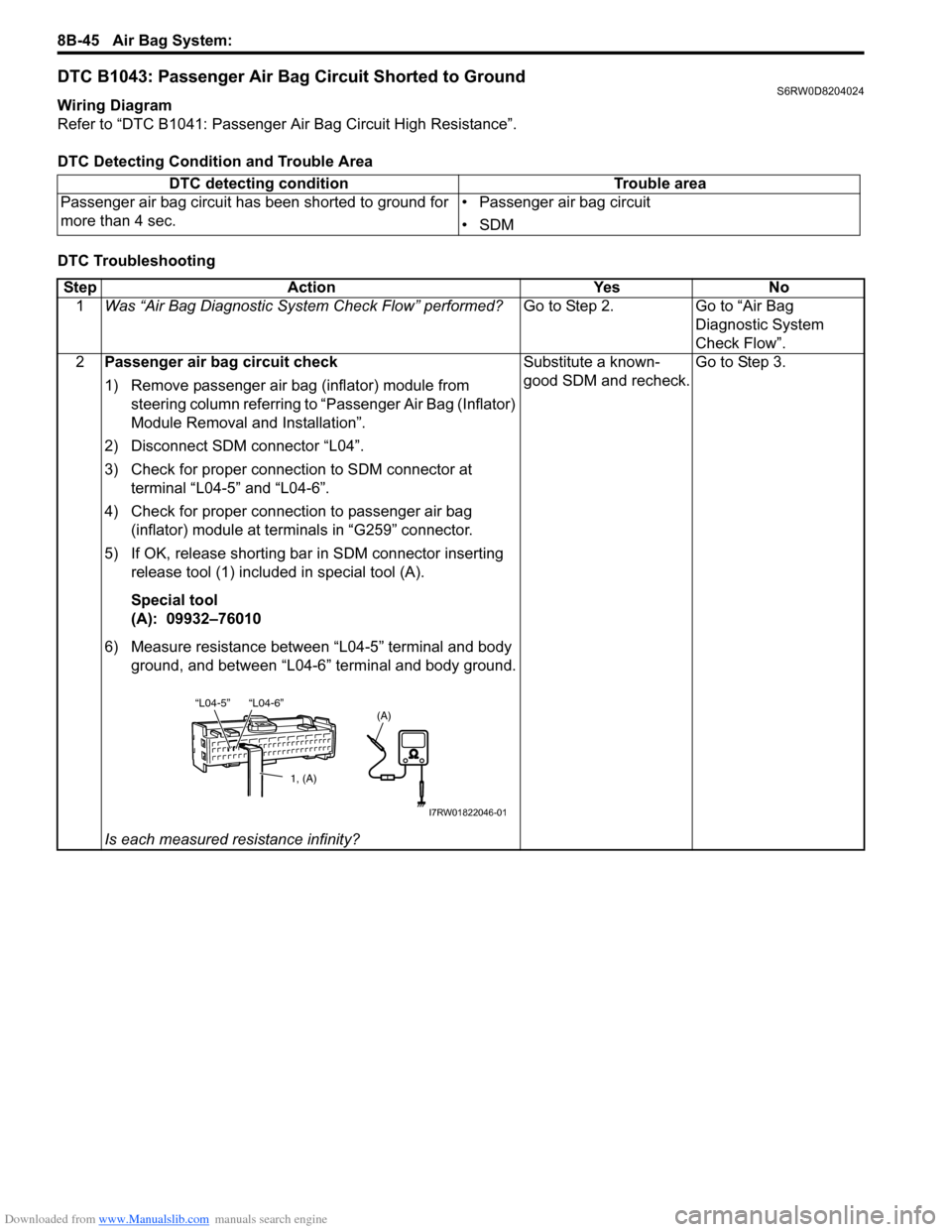 SUZUKI SX4 2006 1.G Service Workshop Manual Downloaded from www.Manualslib.com manuals search engine 8B-45 Air Bag System: 
DTC B1043: Passenger Air Bag Circuit Shorted to GroundS6RW0D8204024
Wiring Diagram
Refer to “DTC B1041: Passenger Air 