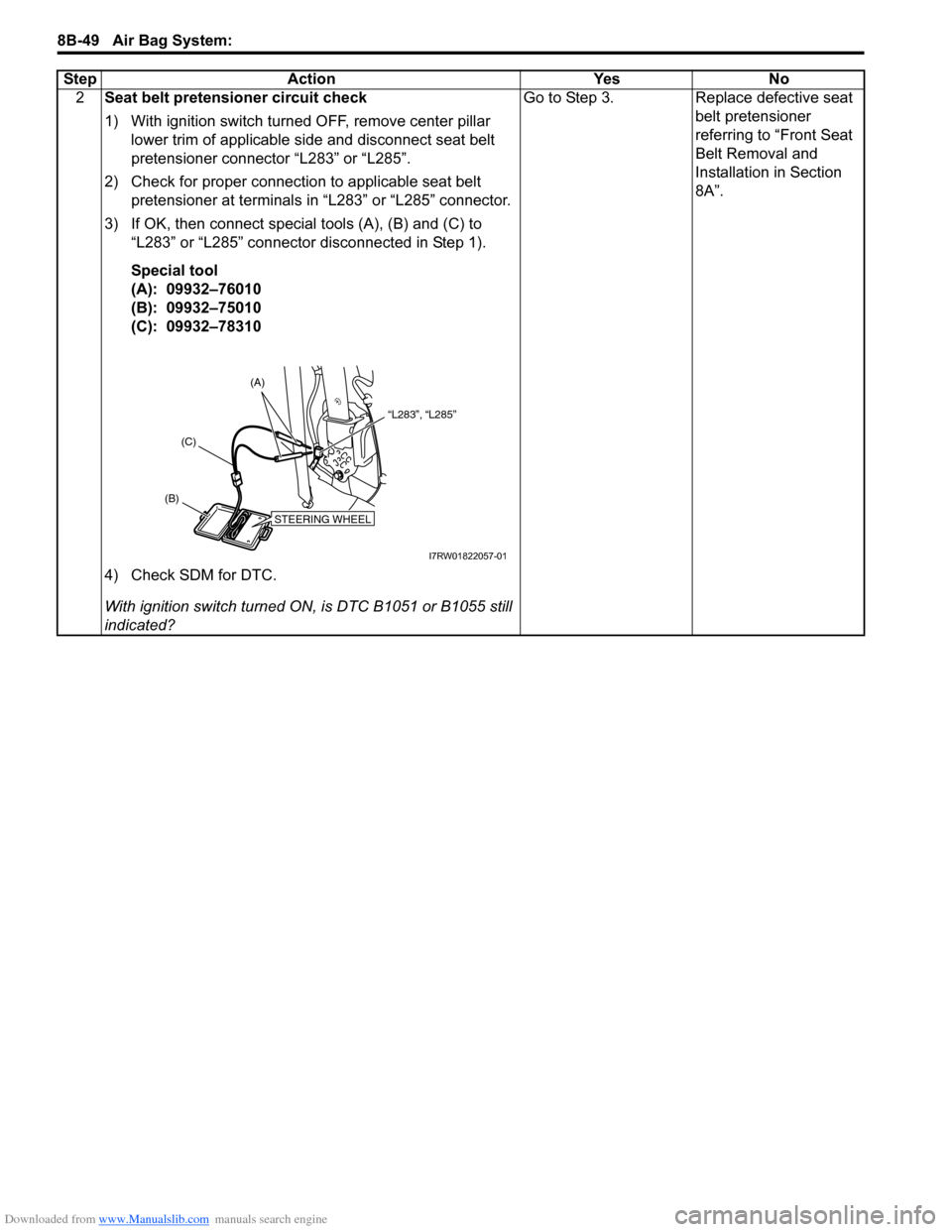 SUZUKI SX4 2006 1.G Service Workshop Manual Downloaded from www.Manualslib.com manuals search engine 8B-49 Air Bag System: 
2Seat belt pretensioner circuit check
1) With ignition switch turned OFF, remove center pillar 
lower trim of applicable
