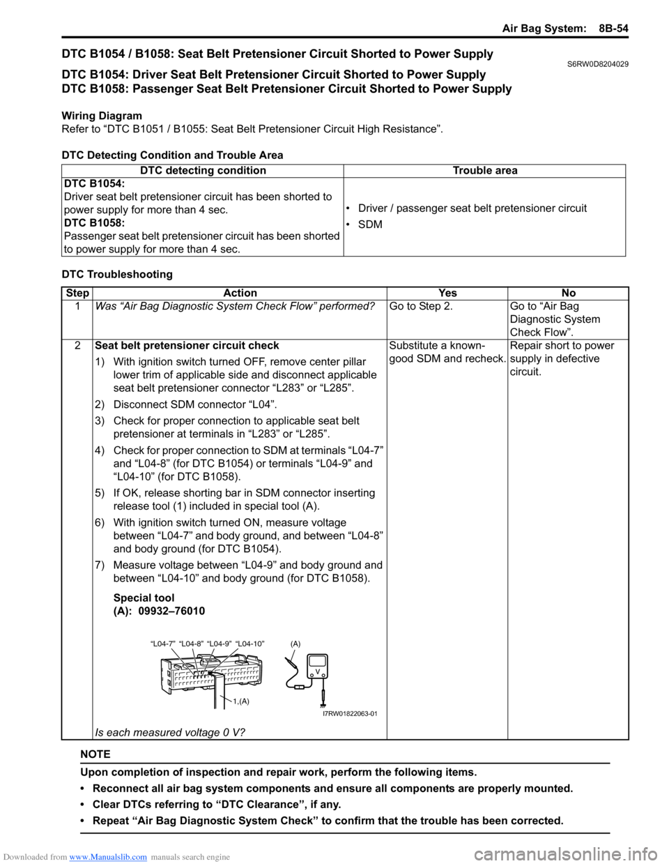 SUZUKI SX4 2006 1.G Service Workshop Manual Downloaded from www.Manualslib.com manuals search engine Air Bag System: 8B-54
DTC B1054 / B1058: Seat Belt Pretensioner Circuit Shorted to Power SupplyS6RW0D8204029
DTC B1054: Driver Seat Belt Prete SUZUKI SX4 2006 1.G Service Workshop Manual Downloaded from www.Manualslib.com manuals search engine Air Bag System: 8B-54
DTC B1054 / B1058: Seat Belt Pretensioner Circuit Shorted to Power SupplyS6RW0D8204029
DTC B1054: Driver Seat Belt Prete