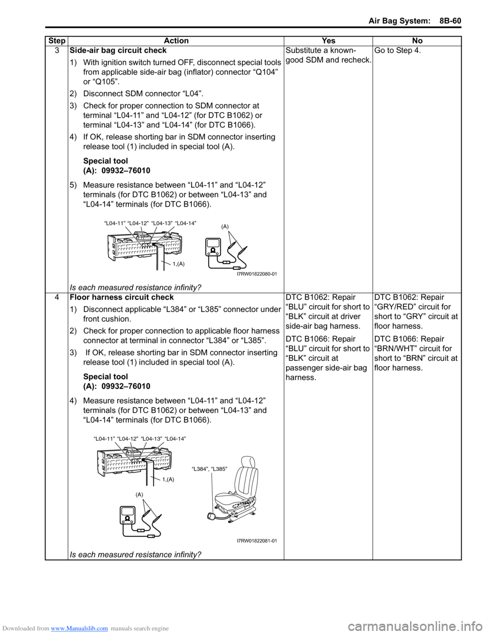 SUZUKI SX4 2006 1.G Service Workshop Manual Downloaded from www.Manualslib.com manuals search engine Air Bag System: 8B-60
3Side-air bag circuit check
1) With ignition switch turned OFF, disconnect special tools
from applicable side-air bag ( SUZUKI SX4 2006 1.G Service Workshop Manual Downloaded from www.Manualslib.com manuals search engine Air Bag System: 8B-60
3Side-air bag circuit check
1) With ignition switch turned OFF, disconnect special tools
from applicable side-air bag (