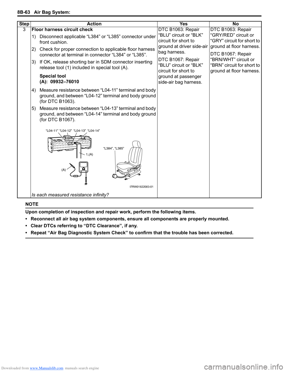 SUZUKI SX4 2006 1.G Service Workshop Manual Downloaded from www.Manualslib.com manuals search engine 8B-63 Air Bag System:
NOTE
Upon completion of inspection and repair work, perform the following items.
• Reconnect all air bag system compon SUZUKI SX4 2006 1.G Service Workshop Manual Downloaded from www.Manualslib.com manuals search engine 8B-63 Air Bag System:
NOTE
Upon completion of inspection and repair work, perform the following items.
• Reconnect all air bag system compon