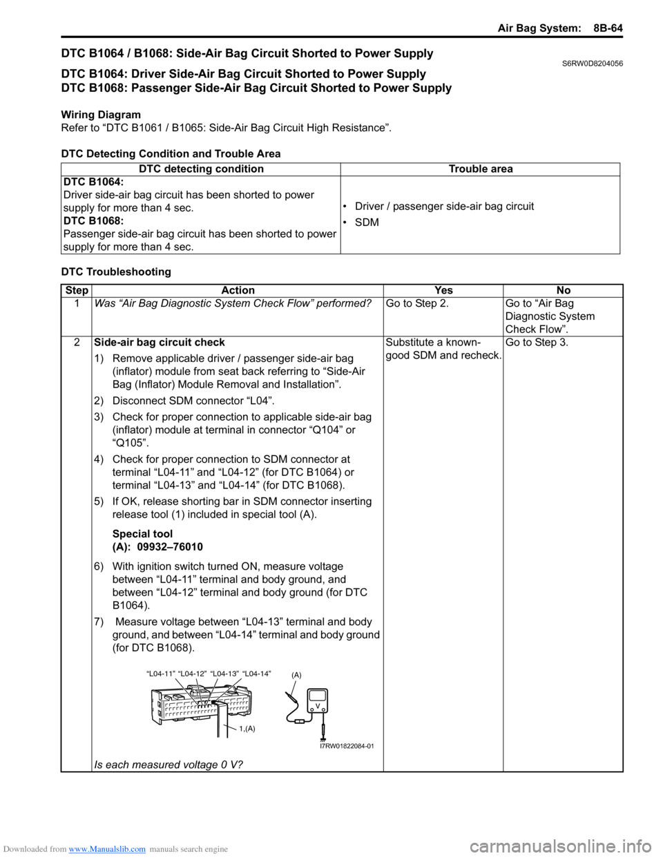SUZUKI SX4 2006 1.G Service Workshop Manual Downloaded from www.Manualslib.com manuals search engine Air Bag System: 8B-64
DTC B1064 / B1068: Side-Air Bag Circuit Shorted to Power SupplyS6RW0D8204056
DTC B1064: Driver Side-Air Bag Circuit Shor SUZUKI SX4 2006 1.G Service Workshop Manual Downloaded from www.Manualslib.com manuals search engine Air Bag System: 8B-64
DTC B1064 / B1068: Side-Air Bag Circuit Shorted to Power SupplyS6RW0D8204056
DTC B1064: Driver Side-Air Bag Circuit Shor