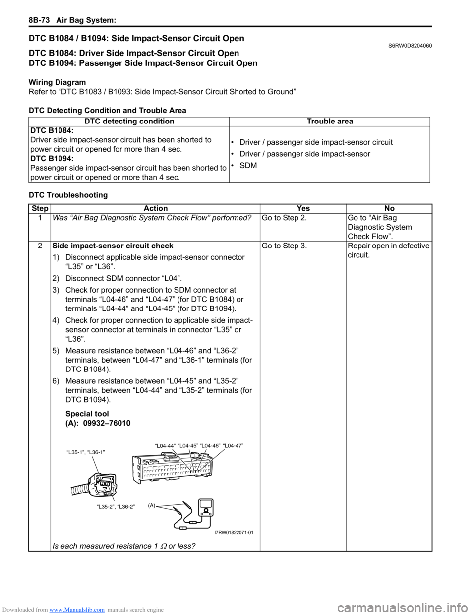 SUZUKI SX4 2006 1.G Service Workshop Manual Downloaded from www.Manualslib.com manuals search engine 8B-73 Air Bag System: 
DTC B1084 / B1094: Side Impact-Sensor Circuit OpenS6RW0D8204060
DTC B1084: Driver Side Impact-Sensor Circuit Open
DTC B1