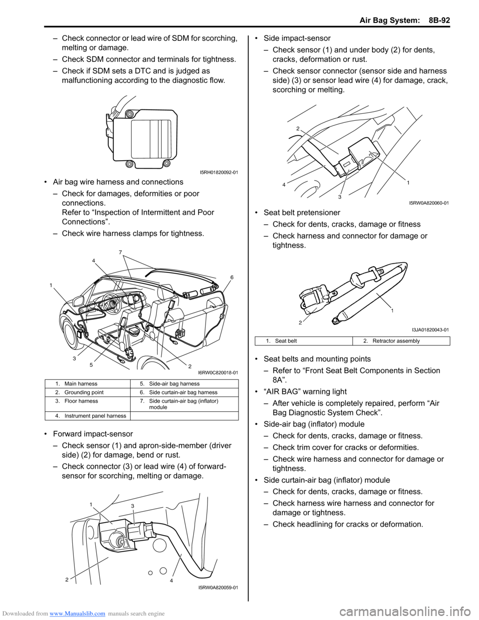 SUZUKI SX4 2006 1.G Service Workshop Manual Downloaded from www.Manualslib.com manuals search engine Air Bag System:  8B-92
– Check connector or lead wire of SDM for scorching, 
melting or damage.
– Check SDM connector and terminals for tig