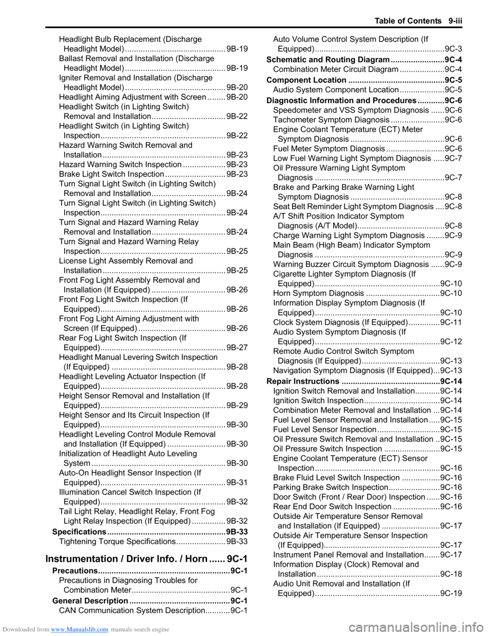 SUZUKI SX4 2006 1.G Service Workshop Manual Downloaded from www.Manualslib.com manuals search engine Table of Contents 9-iii
Headlight Bulb Replacement (Discharge 
Headlight Model) ............................................. 9B-19
Ballast Rem