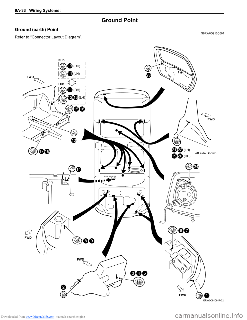 SUZUKI SX4 2006 1.G Service Workshop Manual Downloaded from www.Manualslib.com manuals search engine 9A-33 Wiring Systems: 
Ground Point
Ground (earth) PointS6RW0D910C001
Refer to “Connector Layout Diagram”.
23
2122Left side Shown (LH)1920(