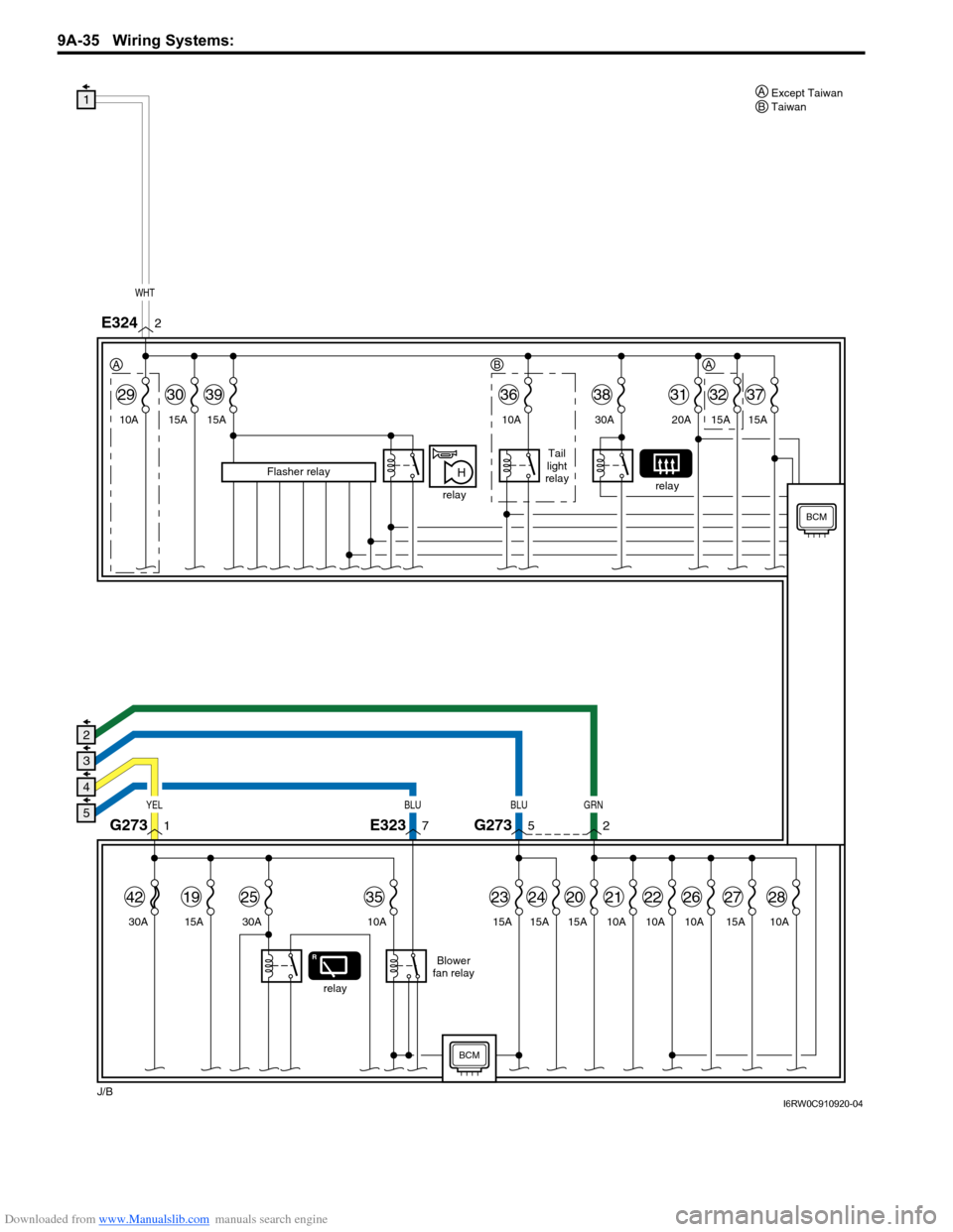 SUZUKI SX4 2006 1.G Service Workshop Manual Downloaded from www.Manualslib.com manuals search engine 9A-35 Wiring Systems: 
5
4
3
2
YELBLUBLUGRN
G2731E3237G27352
J/B
4219
30A
15A
25
30A
35
10A
23
15A
24
15A
20
15A
21
10A
22
10A
26
10A
27
15A
28