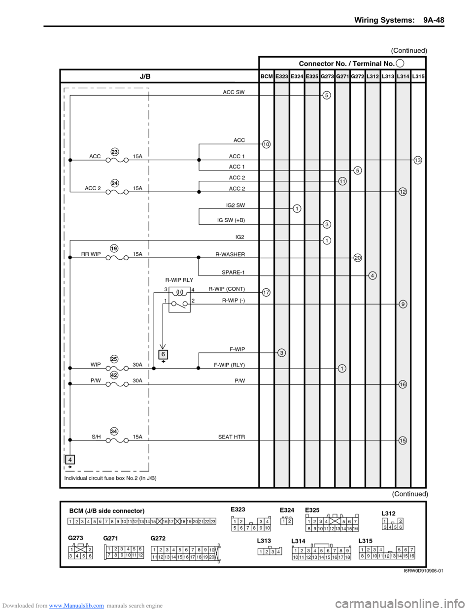 SUZUKI SX4 2006 1.G Service Workshop Manual Downloaded from www.Manualslib.com manuals search engine Wiring Systems:  9A-48
(Continued)
BCM (J/B side connector)
3
4
1
25
15 14 12
13 10
11 9 8 67
17
16182122 19
20
23
1234578 116
12 91034 652 1
G
