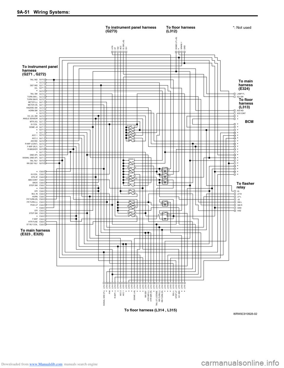 SUZUKI SX4 2006 1.G Service Workshop Manual Downloaded from www.Manualslib.com manuals search engine 9A-51 Wiring Systems:
1IG2 SW2
6
LAMP FL
1A/B CONT4A/B IND
32
98
2511
2423
206
1412
181
215
107
2217
3
1IG
3LP-L2LP-R
4+B5SW-L
7GND6SW-R
8HAZ
SUZUKI SX4 2006 1.G Service Workshop Manual Downloaded from www.Manualslib.com manuals search engine 9A-51 Wiring Systems:
1IG2 SW2
6
LAMP FL
1A/B CONT4A/B IND
32
98
2511
2423
206
1412
181
215
107
2217
3
1IG
3LP-L2LP-R
4+B5SW-L
7GND6SW-R
8HAZ