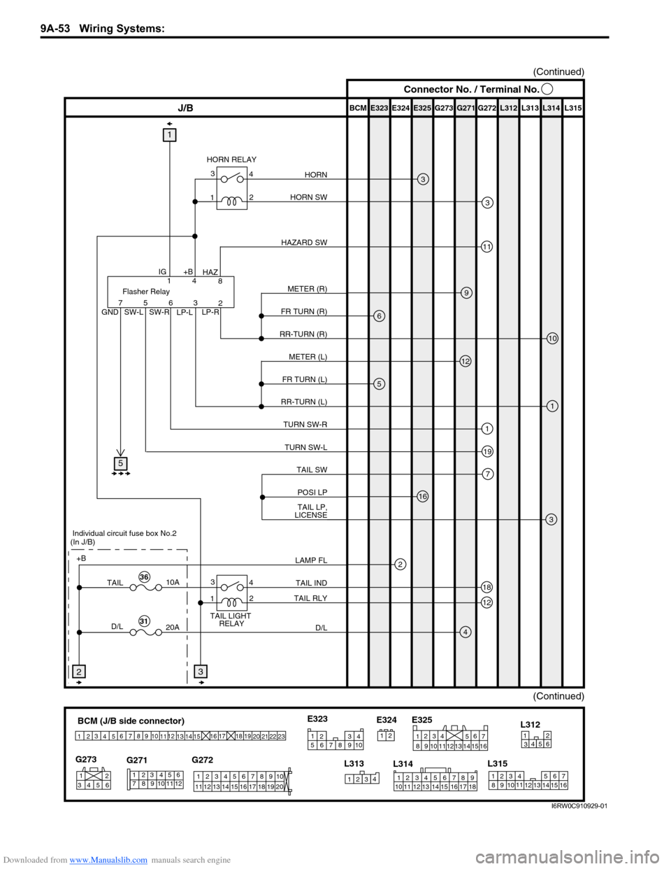 SUZUKI SX4 2006 1.G Service Workshop Manual Downloaded from www.Manualslib.com manuals search engine 9A-53 Wiring Systems: 
BCM (J/B side connector)
3
4
1
25
15 14 12
13 10
11 9 8 67
17
16182122 19
20
23
1234578 116
12 91034 652 1
G271 G273
G27